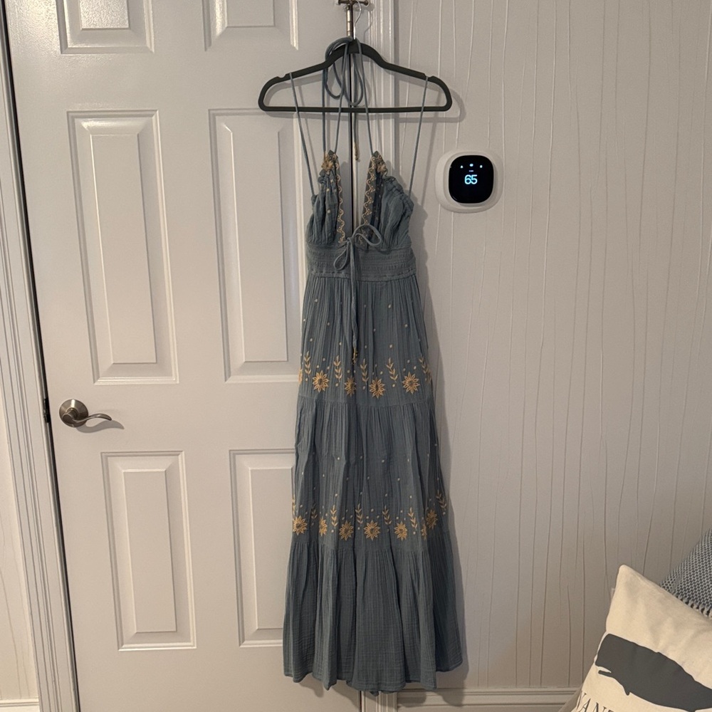 Free People Dusty Blue Halter Maxi Dress with Gold Embroidery